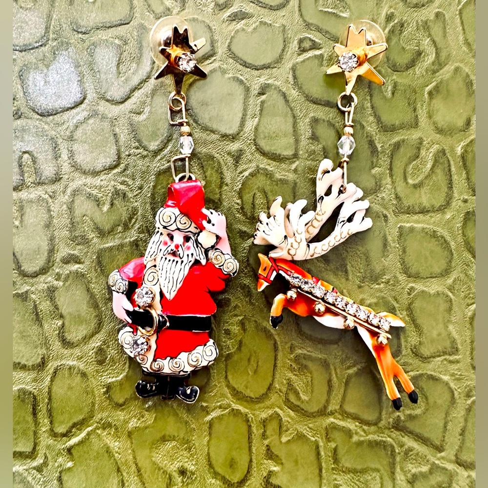 Lunch at the Ritz Christmas dangle earrings for pierced ears. Santa and Rudolph.
